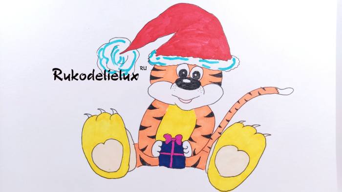 тигр в красной шапке на новый год фломастерами для детей