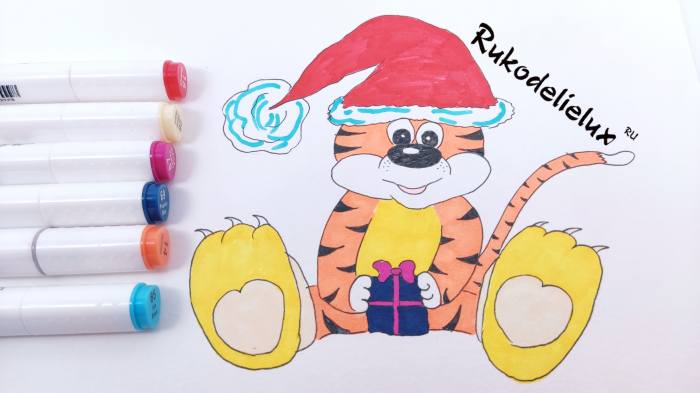 готовый новогодний тигр фломастерами нарисованный