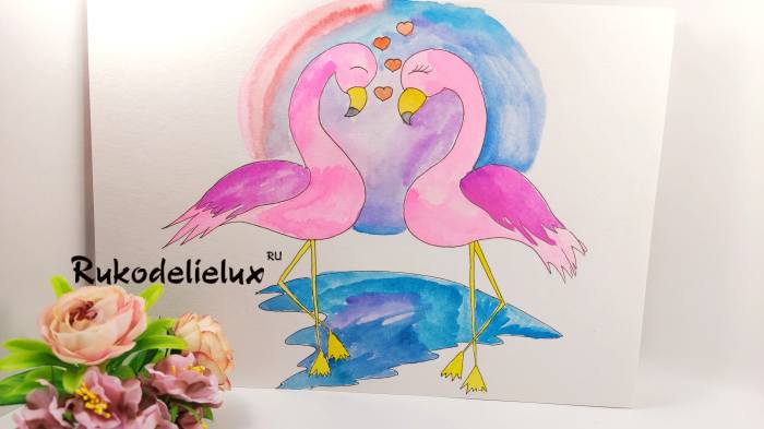 как нарисовать влюбленных фламингов акварелью на день святого валентина поэтапно