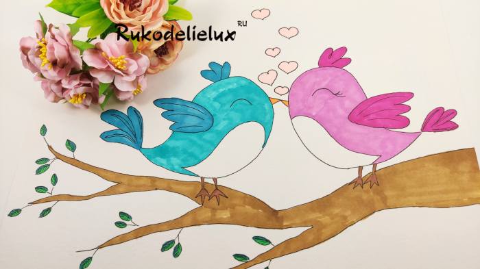 рисунок влюбленных птичек фломастерами на день святого валентина пошагово