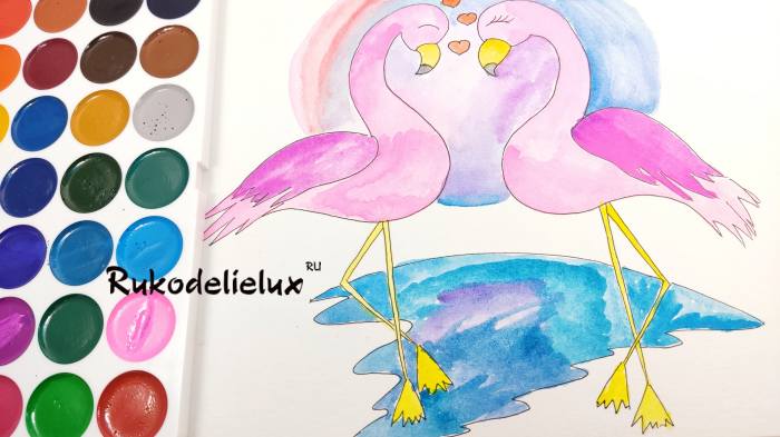 готовый рисунок акварельными красиками фламинго к 14 февраля