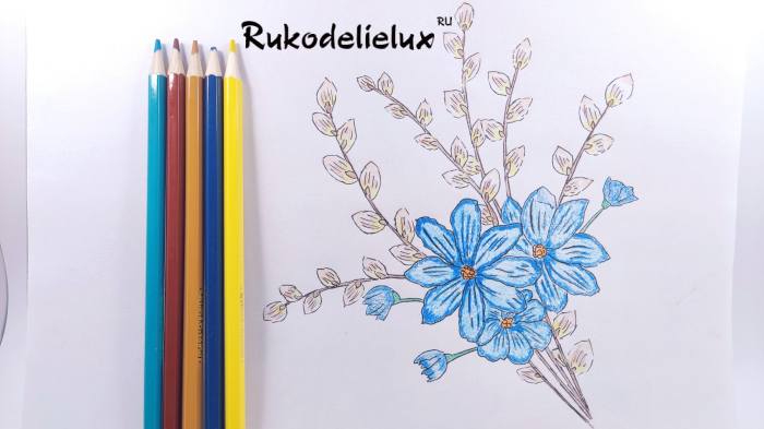 готовый рисунок вербы с цветами карандашами
