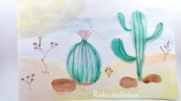 готовый рисунок кактус в пустыне акварелью для детей