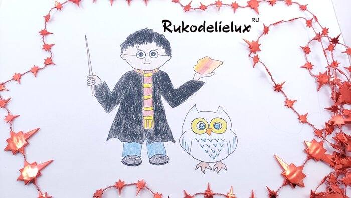 рисунок Гарри Поттера с совой и филосовским камнем своими руками карандашами