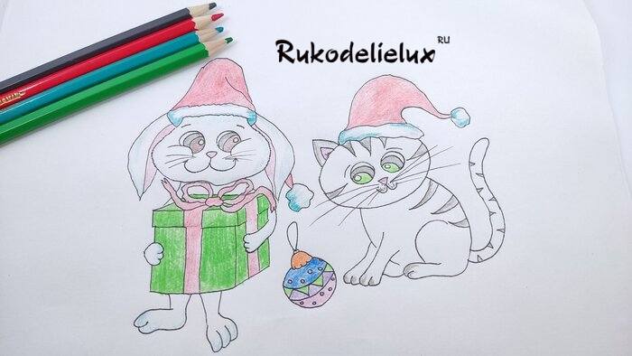 готовый новогодний кролик и кот карандашами