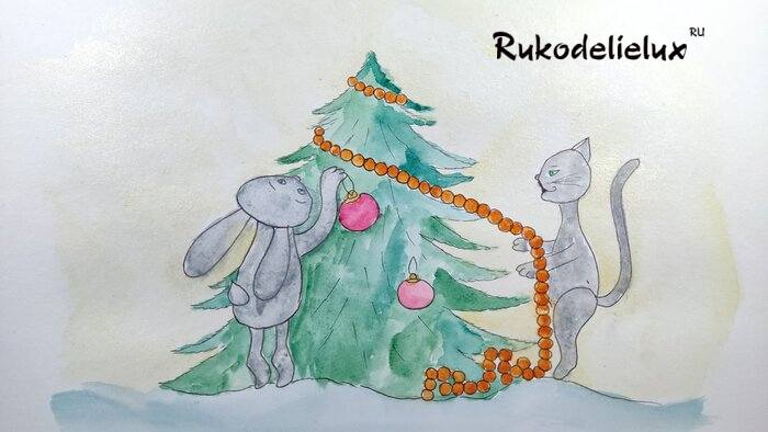 готовый новогодний рисунок кролика и кота красками